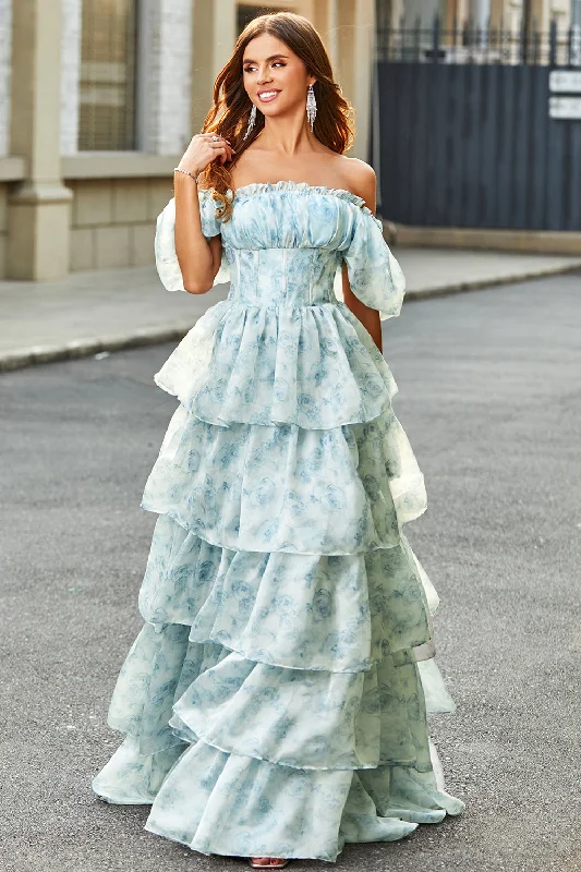 A Line Square Neck Light Blue Tiered Floral Long Prom Dress with Ruffles