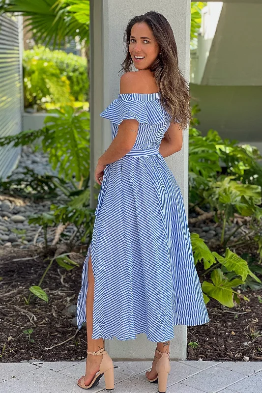 Blue Striped Ruffled Midi Dress With Slit