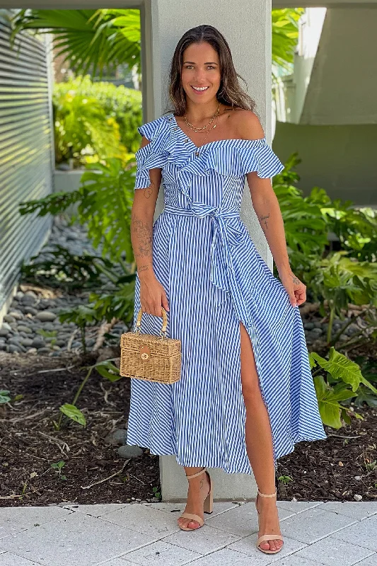 Blue Striped Ruffled Midi Dress With Slit