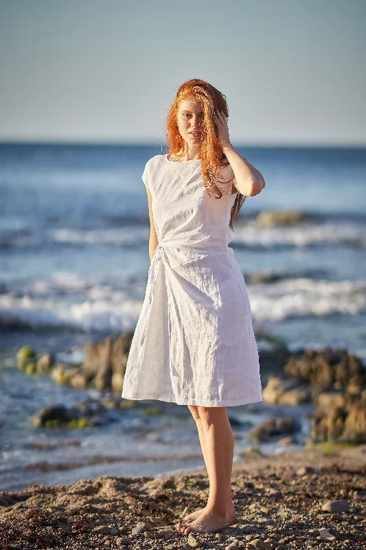 Linen Midi Dress with Ruched Waist