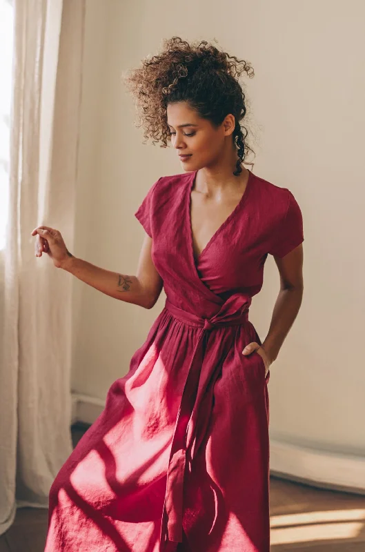 Midi Length Linen Wrap Dress