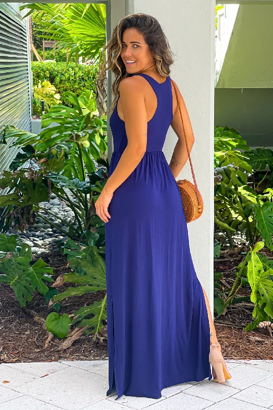 Navy Racer Back Maxi Dress With Side Slit