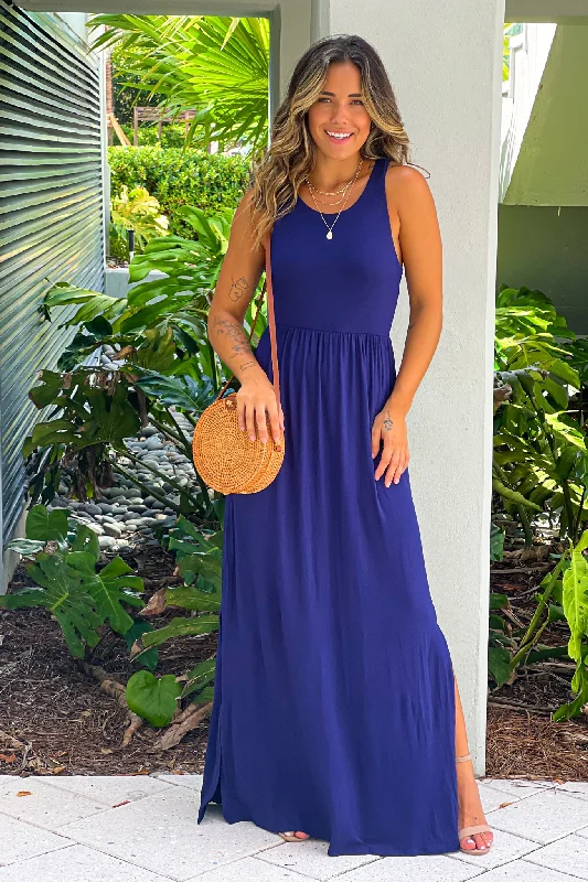 Navy Racer Back Maxi Dress With Side Slit