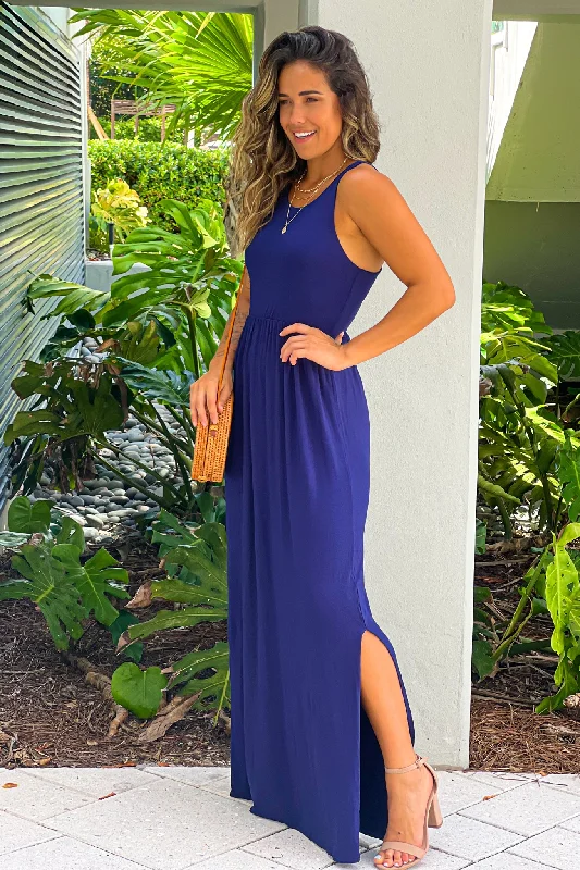 Navy Racer Back Maxi Dress With Side Slit