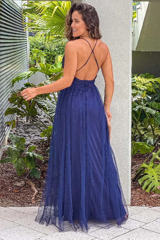 Navy Tulle Maxi Dress With Sequin Top And Criss Cross Back