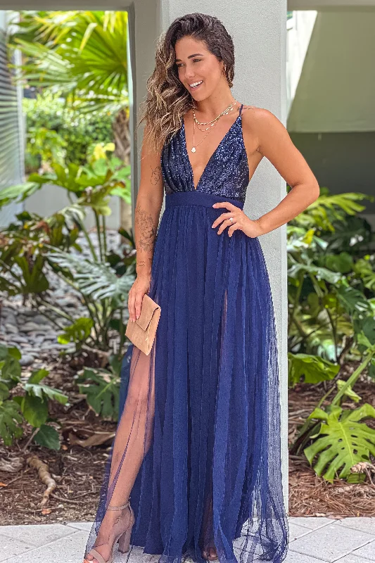 Navy Tulle Maxi Dress With Sequin Top And Criss Cross Back