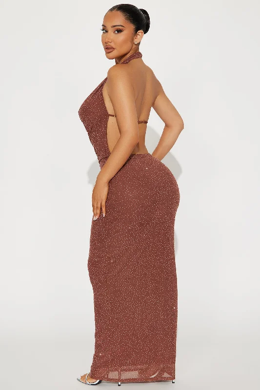 Night Moves Rhinestone Mesh Maxi Dress - Brown