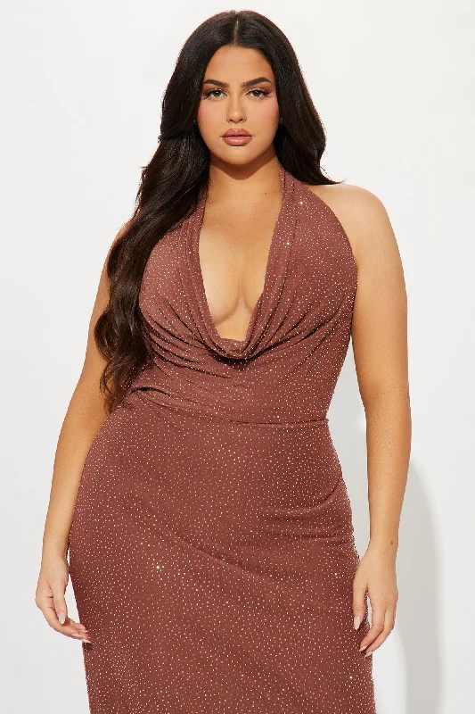 Night Moves Rhinestone Mesh Maxi Dress - Brown