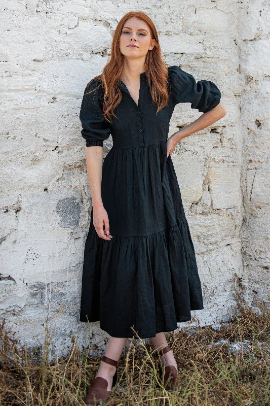 Puff Sleeved Linen Dress in Black