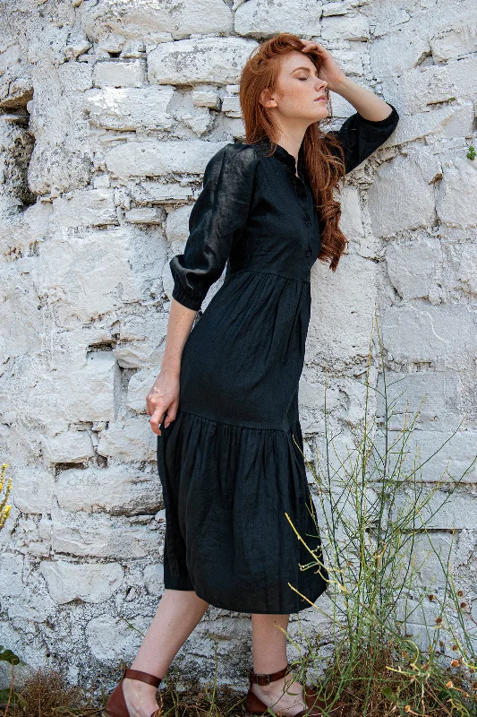 Puff Sleeved Linen Dress in Black