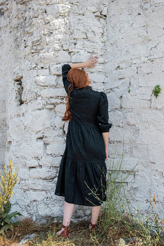 Puff Sleeved Linen Dress in Black