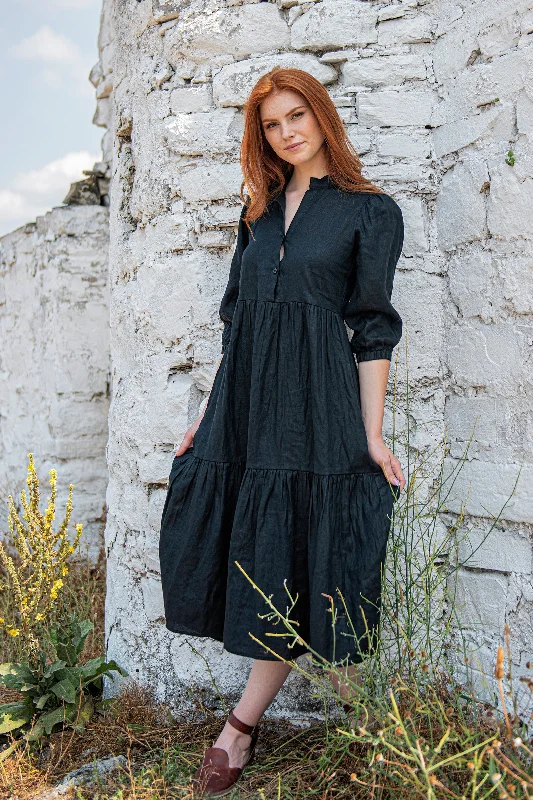 Puff Sleeved Linen Dress in Black