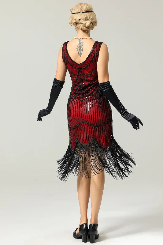 Red and Black Deep V Neck Flapper 1920s Dress