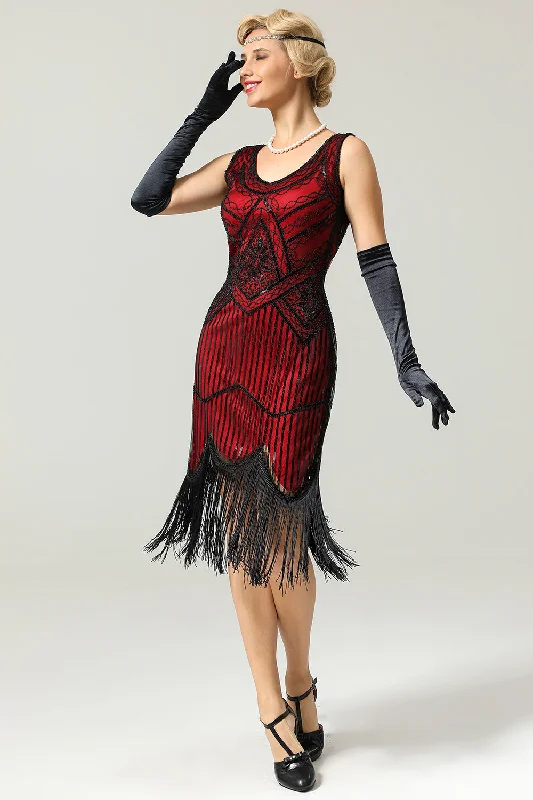 Red and Black Deep V Neck Flapper 1920s Dress