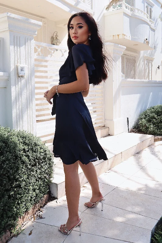 Satin Butterfly Midi Dress - Navy