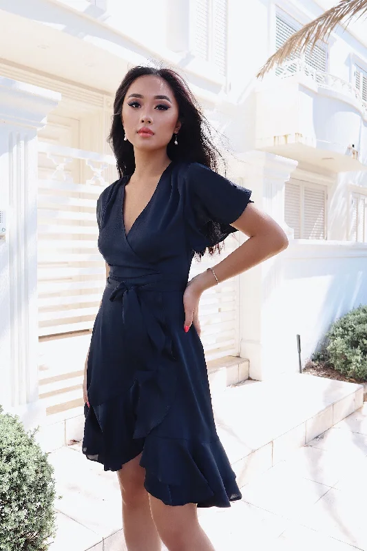 Satin Butterfly Midi Dress - Navy