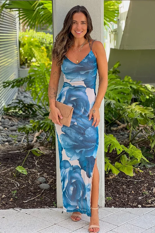 Teal Printed Strappy Back Maxi Dress With Slit