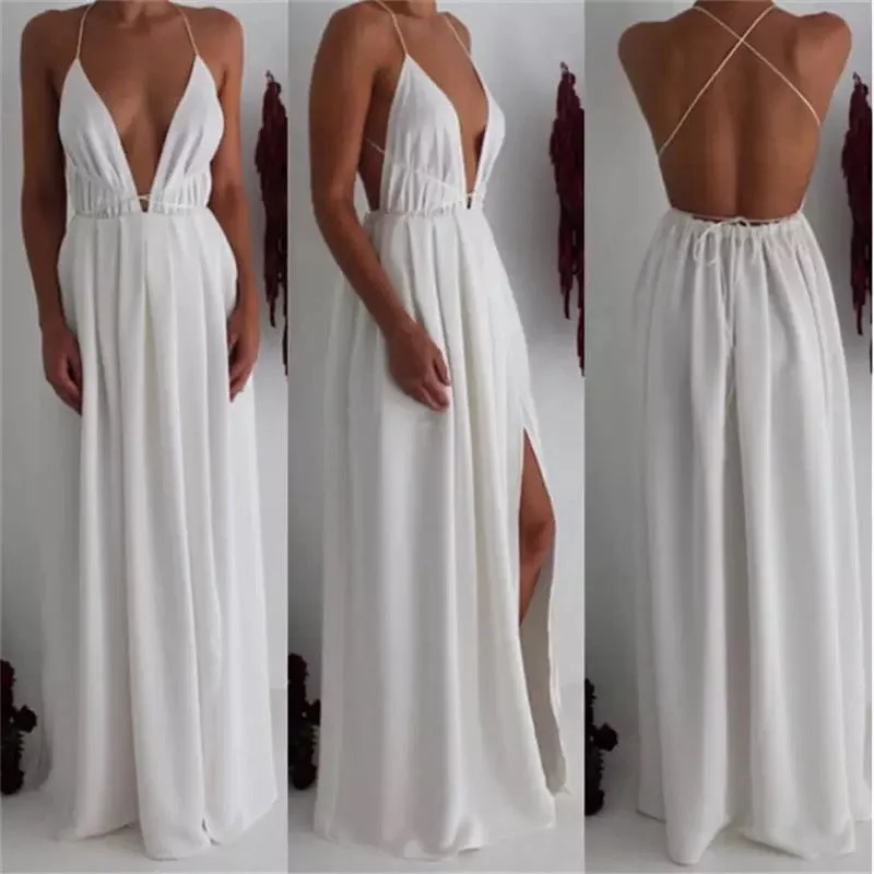 Deep V Neck Side Slit Maxi Dress