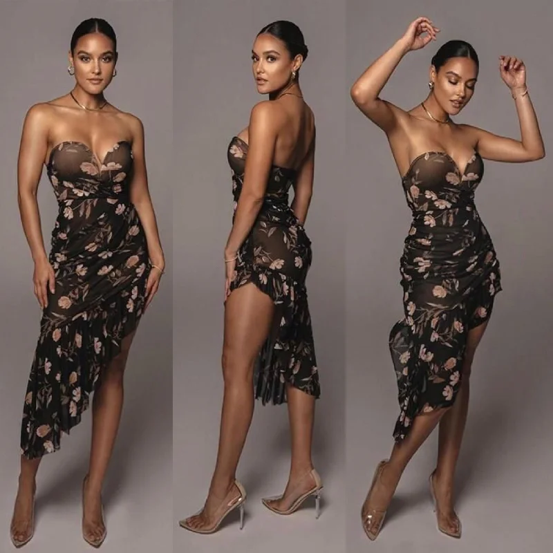 Floral Printed Sexy Strapless Midi Dress