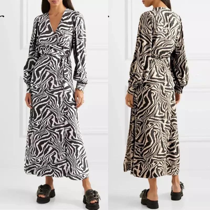 Sexy V-Neck Wrap Print Long Sleeve Dress