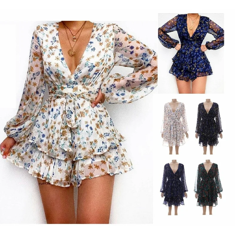 Shorts Floral Sexy Ruffles Long Sleeve Mini Dress