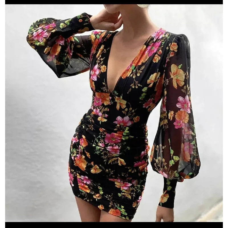 V Neck Floral Print Long Lantern Sleeve Ruched Dres