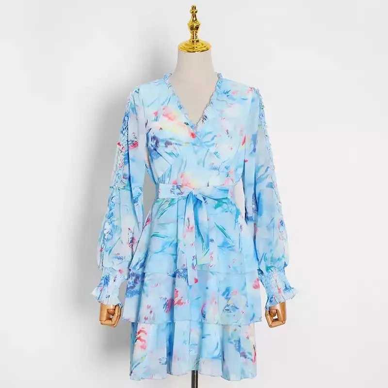 V-Neck Layered Floral Mini Dress