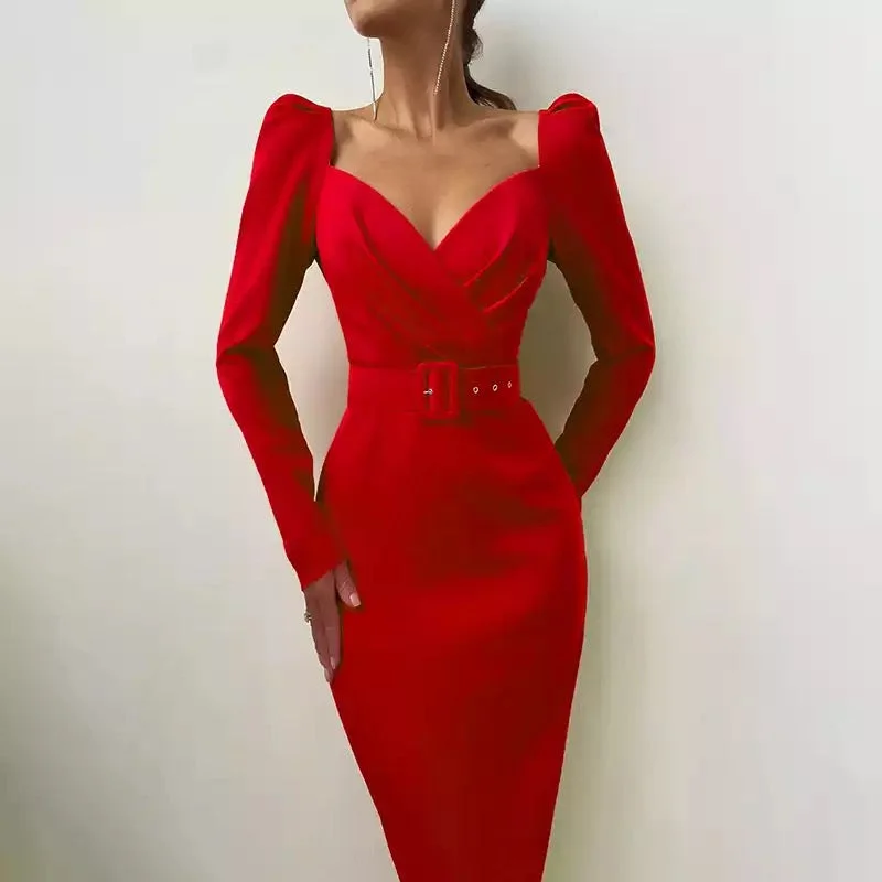 V Neck Long Sleeve Pencil Dress