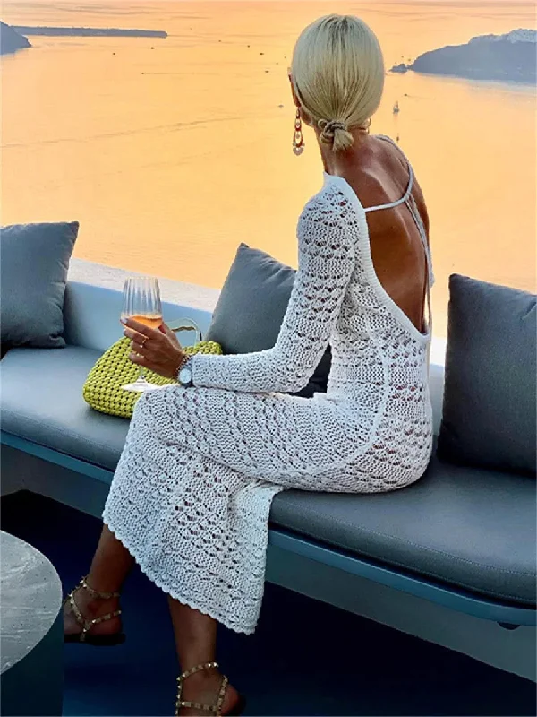 Znbbw Tie Up Knit Crochet Beach Long Dress Women Fall Spring Hollow-Out O-Neck Wrap Bodycon Dress Holiday Party Wear